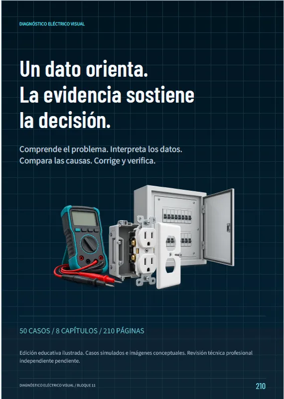 Página de cierre: «Un dato orienta. La evidencia sostiene la decisión», con el resumen de 50 casos, un multímetro, un tomacorriente y un cuadro eléctrico.